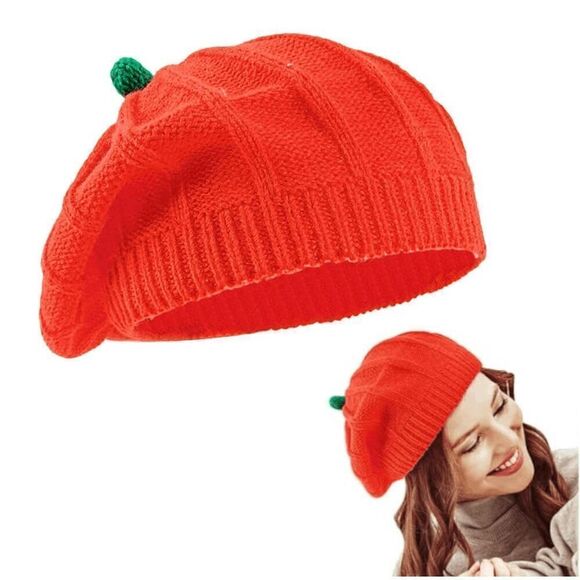 🎃 Women's Pumpkin Decor Halloween Knitted French Style Cute Beret Hat NEW - Picture 1 of 9